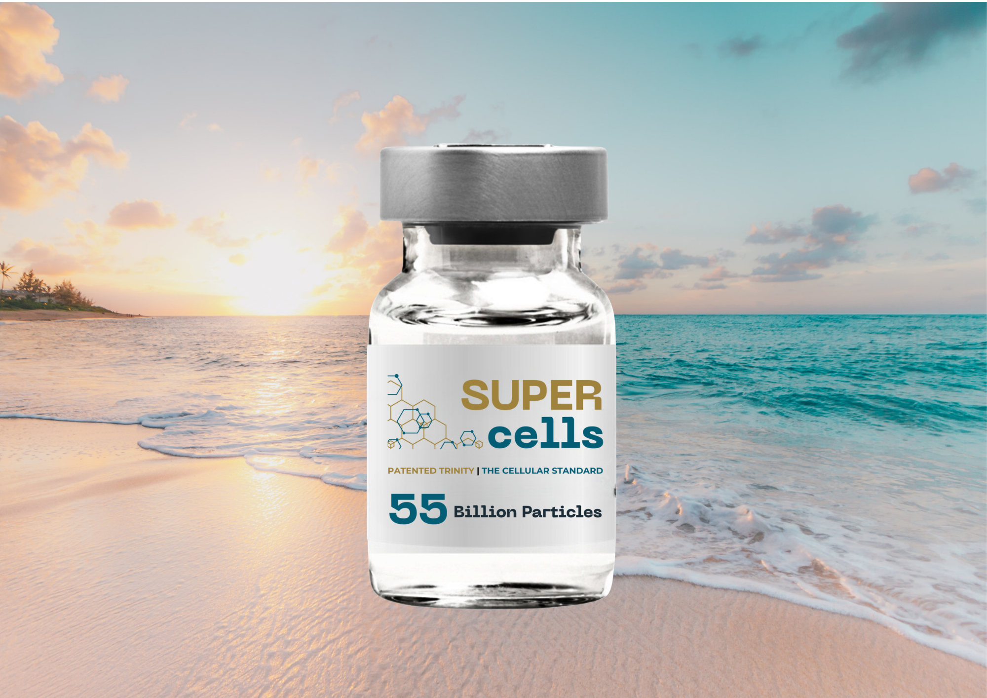 Super Cells vial against a coastal sunset